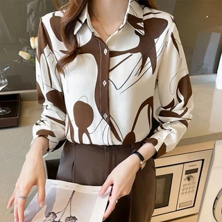 Camisa Chiffon De Manga Comprida , Topo De Escritório Coreano Impresso Para Mulheres