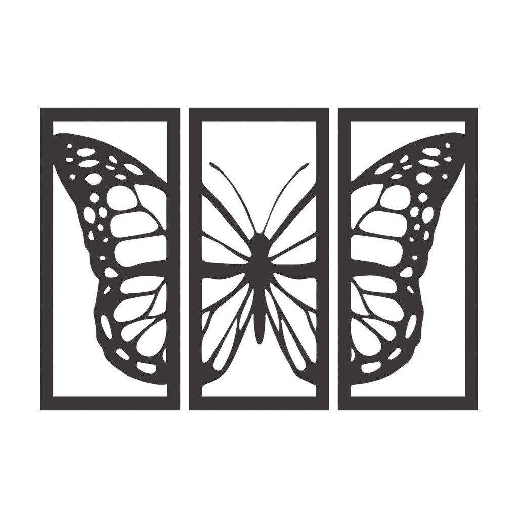 Quadro Decorativo Borboleta Trio de Painéis MDF 3mm Preto Fosco