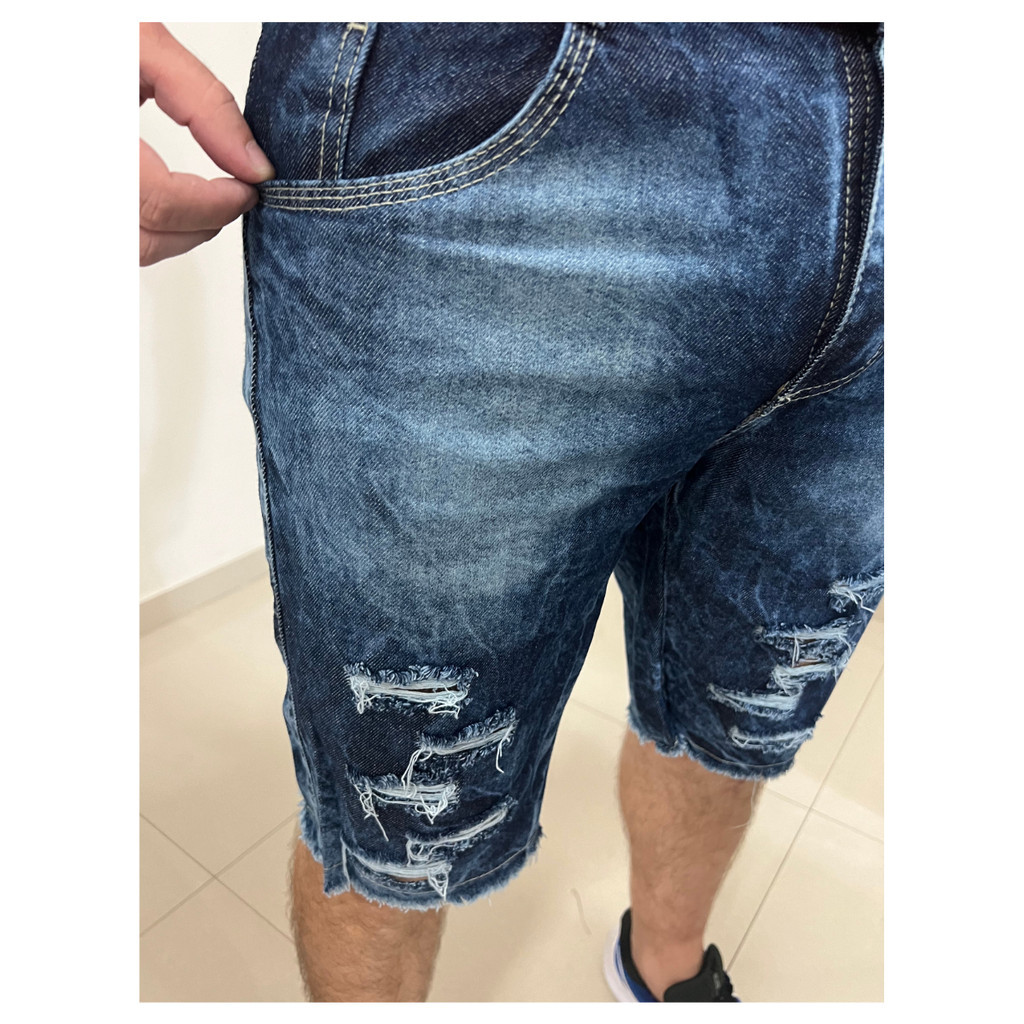 Bermuda Jeans masculina Rasgada Azul Escuro Sky Destroyed short jeans ...