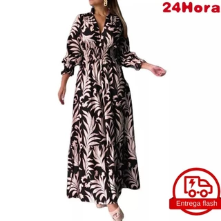 Vestido Feminino Boêmio Estampado Manga Longa Grande Balanço Longo