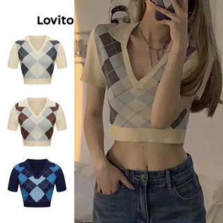 Lovito Top Casual De Malha Com Gola Contrastante Argyle Para Mulheres L76AD085