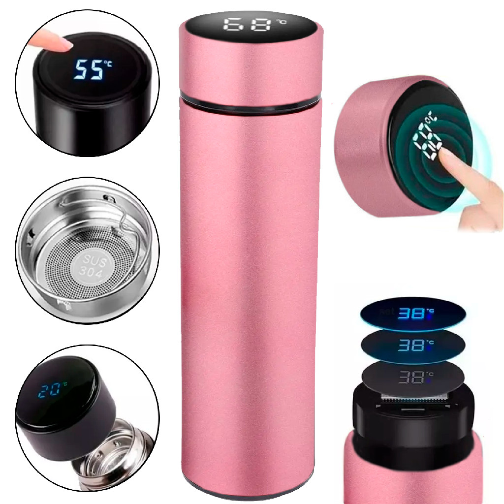 Garrafa Térmica De Aço Inox Temperatura Digital Rosa 500ml