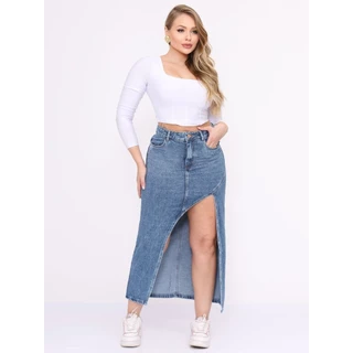 Saia Longa Jeans Com Fenda Frontal