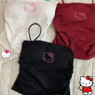 Hello Kitty Spice Girls Design Puro Pregueado Quatro Estações Camisole Tank Girl Spaghetti Strap Sweet Sexy Slim Com Almofadas De Peito Top [GM]