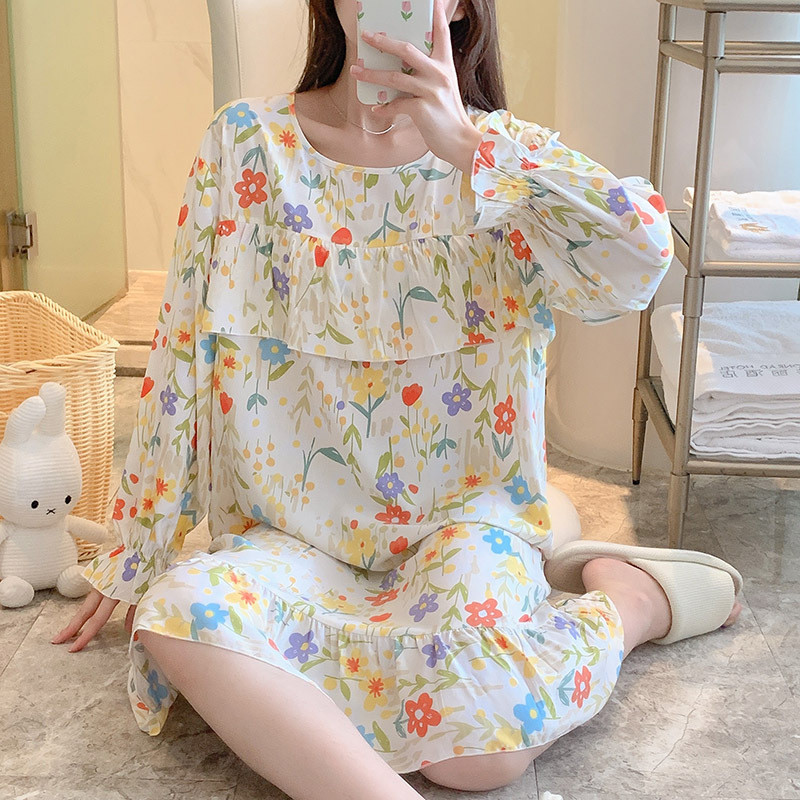 Qican Vestido feminino manga curta camisola solto pijamas