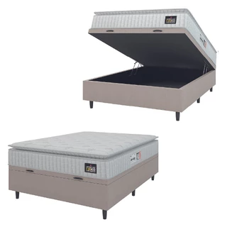 Cama Box Baú Colchão Casal Espuma D33 Vangogh Pillow Top 138x188x70cm Branco / Bege Hellen - Suporta até 120kg por Pessoa