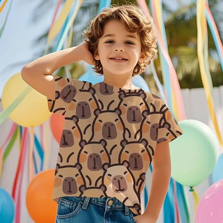 Camiseta Infantil Gráfica de Capivara Fofa Verão Manga Curta Casual para Meninos e Meninas