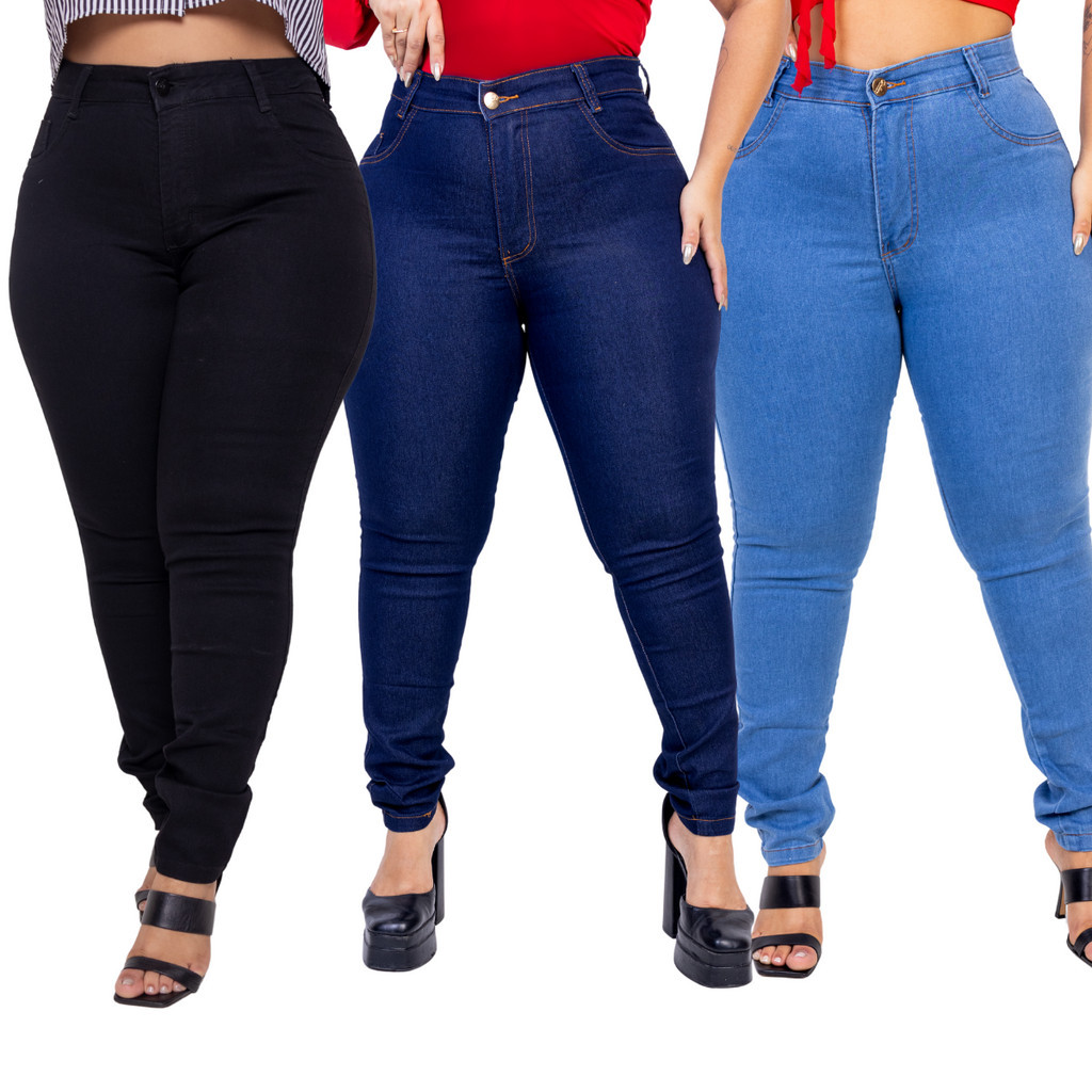 kit 3 calças jeans feminina com lycra cintura alta empina bumbum