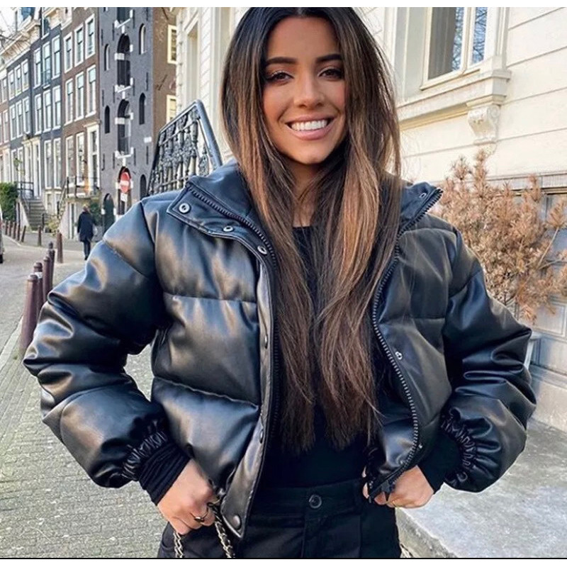 JAQUETA PUFER COM CAPUZ FORRADA JAQUETA DE INVERNO FEMININA CASUAL JAQUETA EM PU