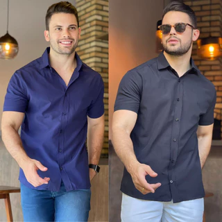 Kit 2 Camisa Social Masculina Manga Curta Botão Slim Linha Premium Não Amassa Azul Marinho e Preta Envio Imediato