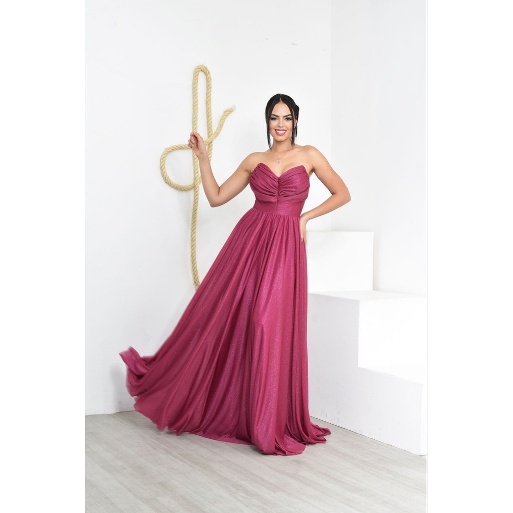 Vestido de Festa Tomara que Caia com Drapeado Rosa Fúcsia