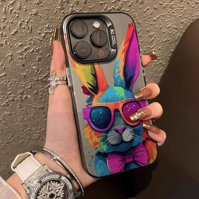 Capinha iphone 11/12/13/14/15 Pro max Moda cor pintura a óleo óculos de sol coelho fosco Aplicável ao iPhone 11,12,13,14,15,11PM,12PM,13PM,14PM,15PM