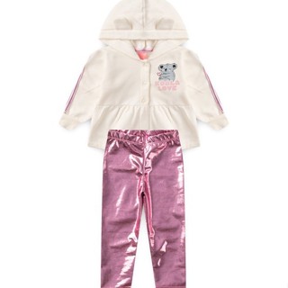 Conjunto Bebê Moletom Menina Com Capuz - Koala Love - Off White com Metalizado