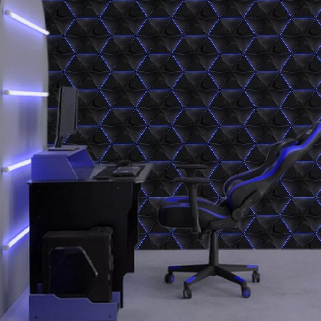 Rolo Papel De Parede Gamer Hexágonos Azul Escuro Brilhante