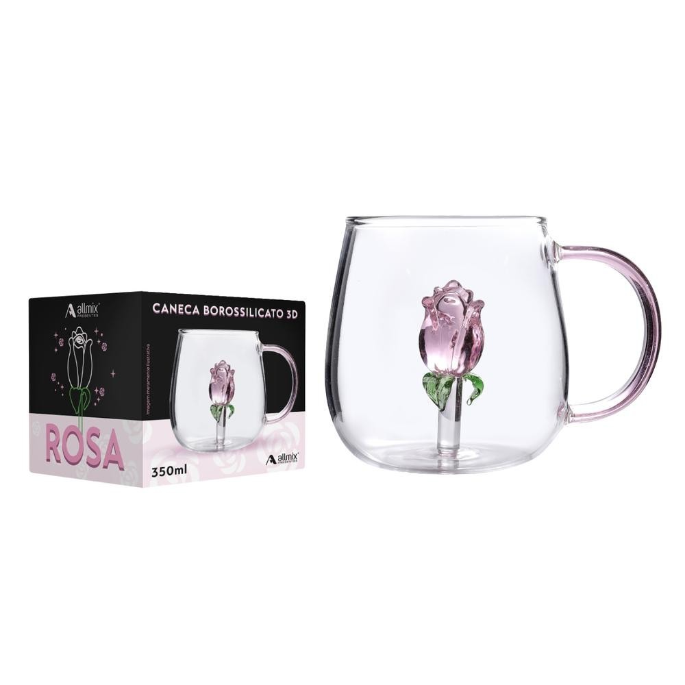 Caneca Vidro Escultura 3D Rosa 280ml - Rosa + Caixa para Presente