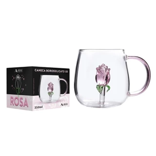 Caneca Vidro Escultura 3D Rosa 280ml - Rosa + Caixa para Presente