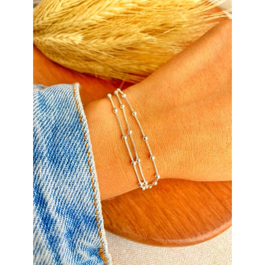 Pulseira Prata 925 Bolinha Folheada Feminina Tripla 3 Fios de Bolinhas