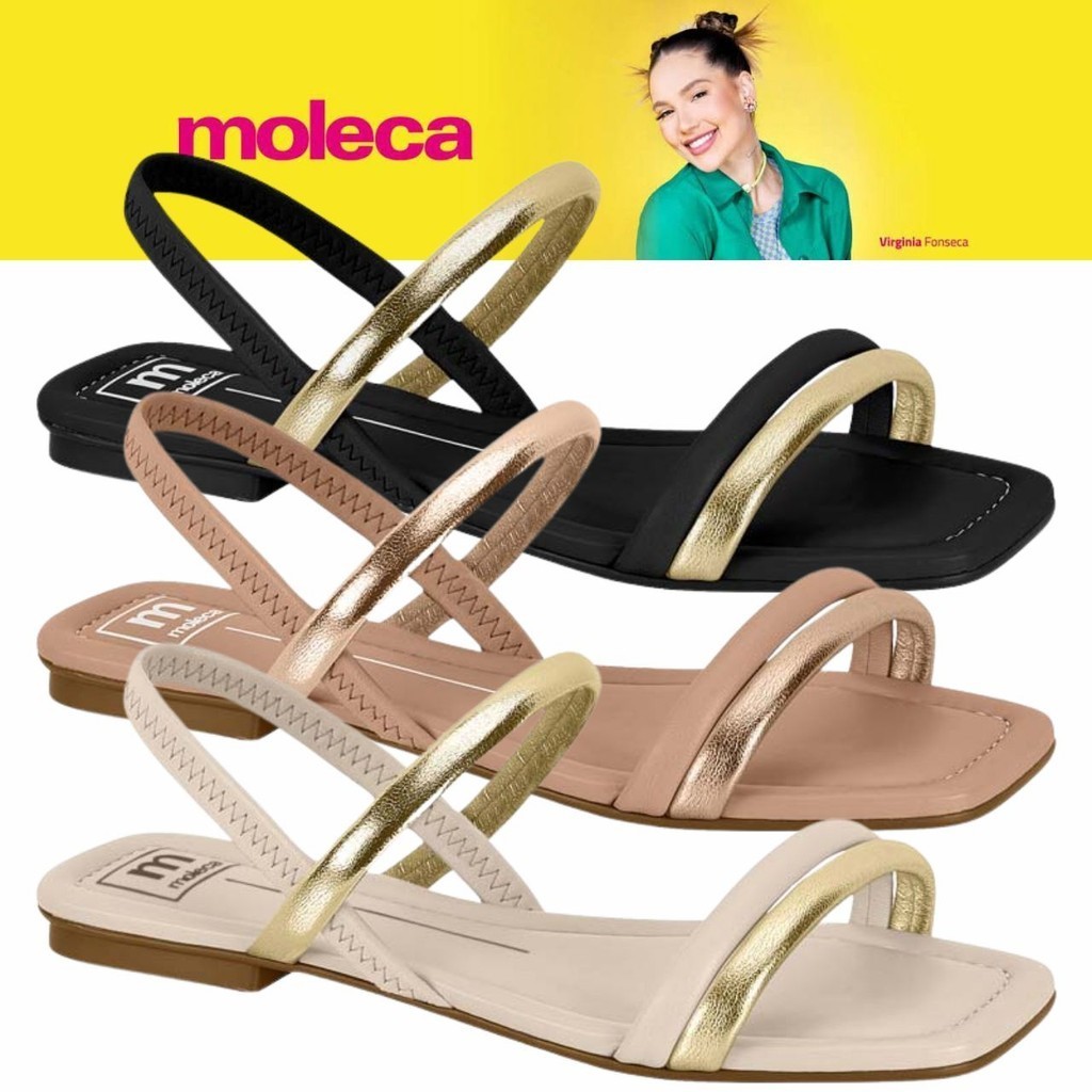 Sandália Moleca Feminina Delicada Rasteira Dourada Bico Quadrado ...