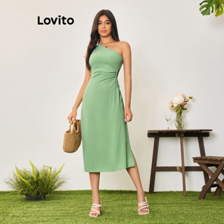 Lovito Casual Vestido Feminino Liso Assimétrico Amarrado com Cordão LBA05081 (Verde)