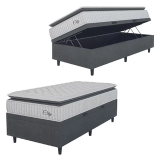 Cama Box Baú Colchão Solteiro Molas Ensacadas City Pillow Top 88x188x64cm Branco / Cinza Hellen - Suporta até 110kg por Pessoa