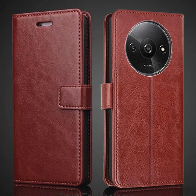 Para Xiaomi Redmi A3 Estojo De Couro Genuíno Vintage Carteira Simples Com Capa Protetora Dobrável Porta-Cartões Kickstand