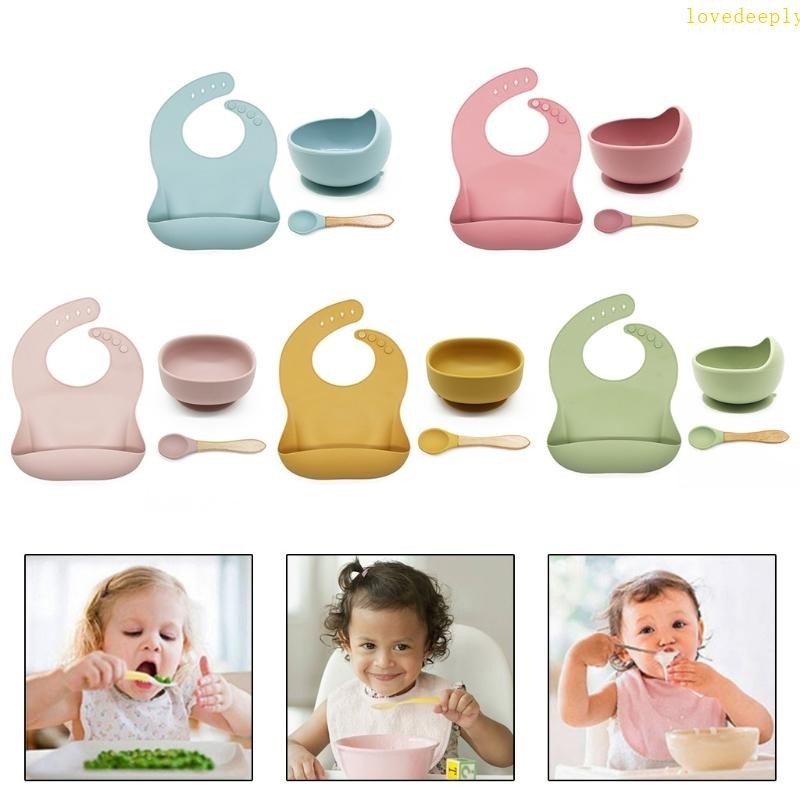 Loveeeply 3 Pcs Baby Bibs + Suction Dish Bowl Plate + Spoon Set À Prova D Silicone De Grau Alimentício Recém-Nascido Drooling Ajustável
