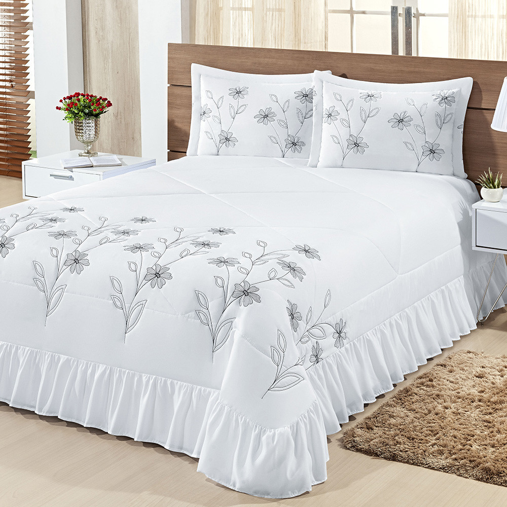Kit Cobre Leito Casal Queen Lírio 03 Peças Colcha - Branco com Preto