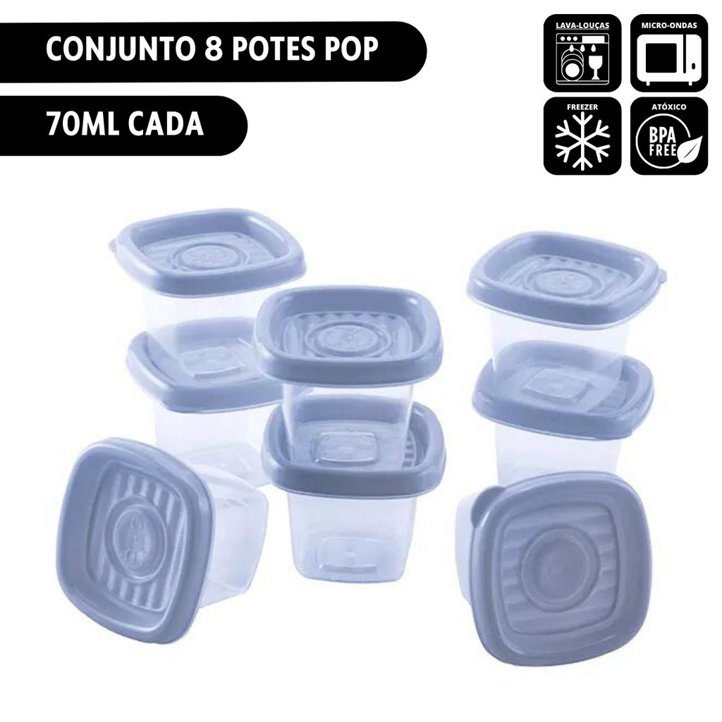 Conjunto C/8 Peças Pote 70ml Pop Quadrado Plasútil