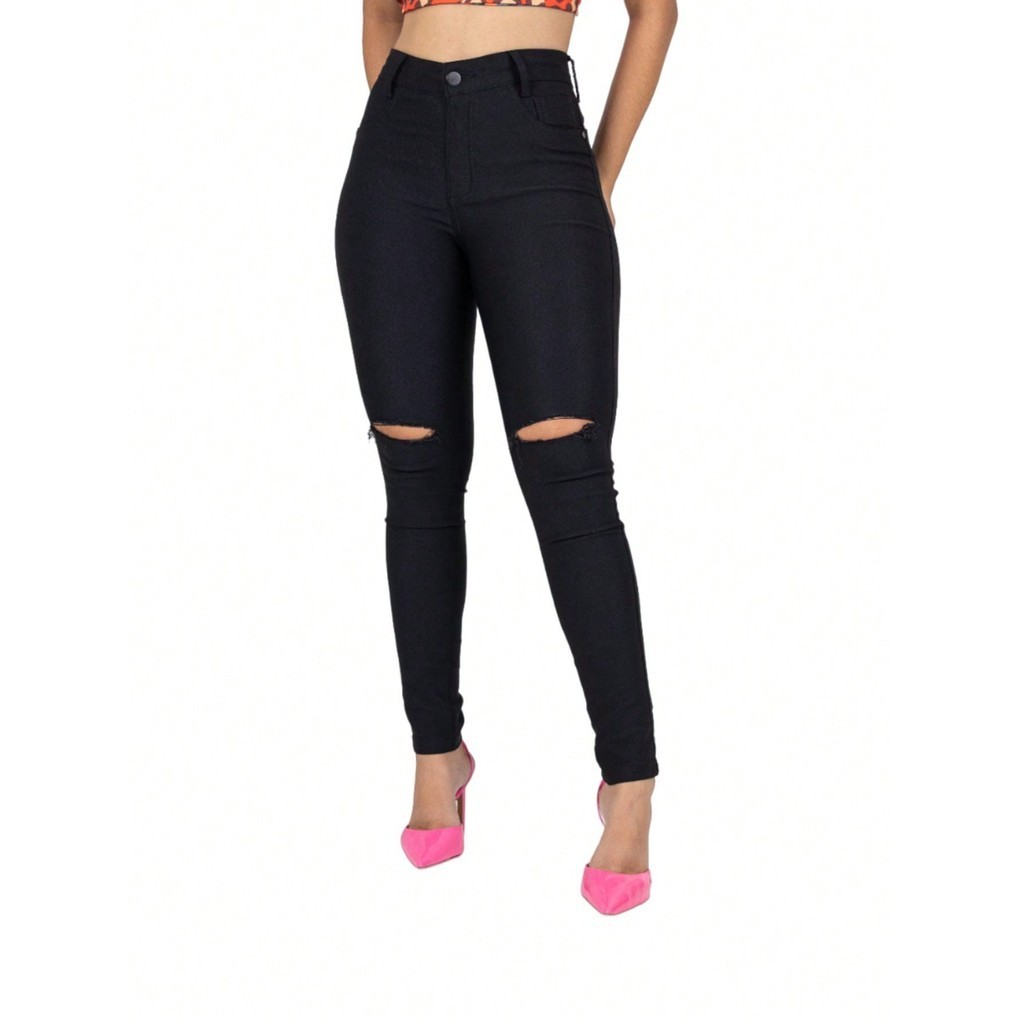 Calça Jeans Feminina Preta Rasgada NO Joelho Shopee Brasil