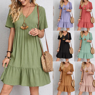 2023 Vestido De Manga Curta Casual Verão Solto Com Babados