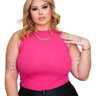 Blusa Regata Ribana Feminino Em Malha Canelada Plus Size Gola Alta