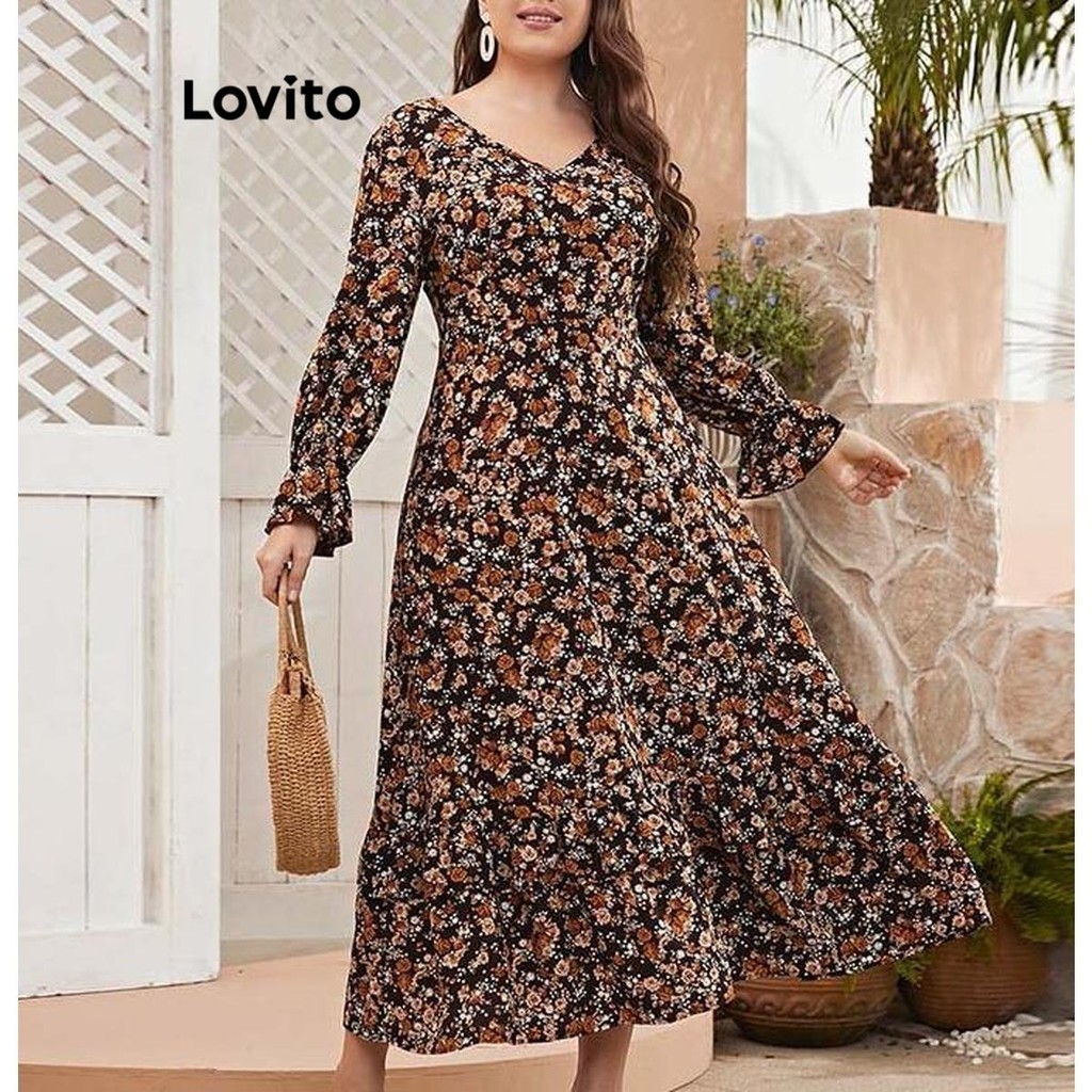 Lovito Vestido Plus Size Curvo Elegante Ditsy Floral Padrão Com Babados Na Bainha Para Mulheres LSL01041