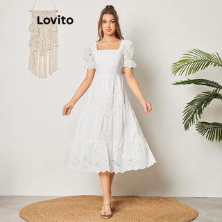 Lovito Vestido de Camadas com Bordado de Ilhós Lisa Casual para Mulheres LBL08266