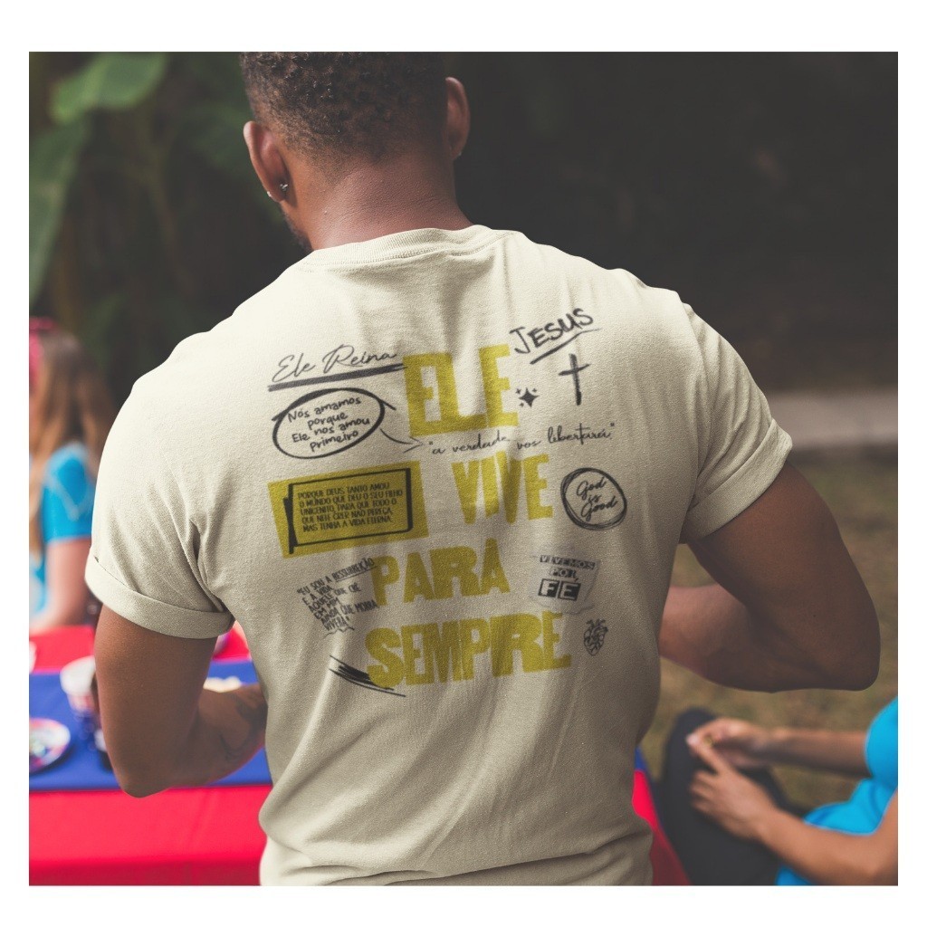 Camiseta Basica Masculina Evangélica Ele vive - Moda gospel - Loja Evangélica Cristã