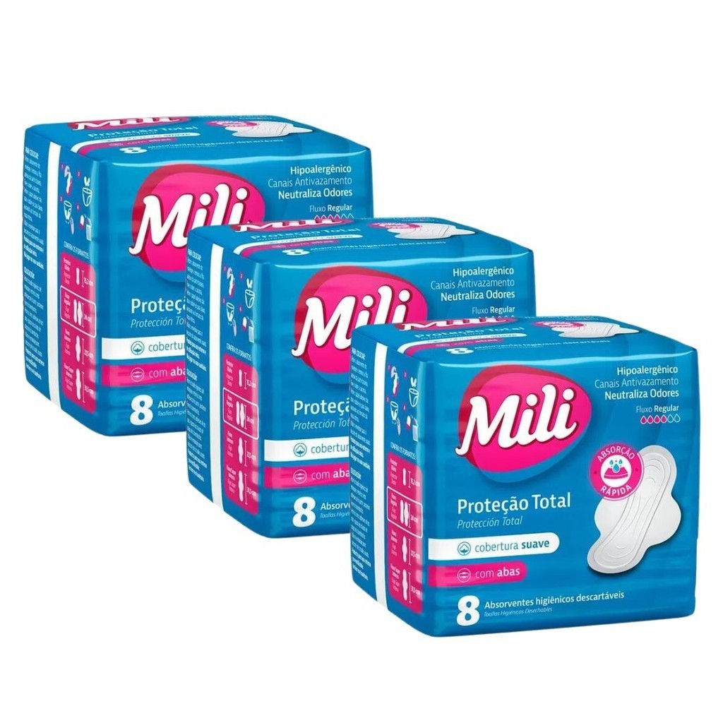 Kit 3x Absorvente Mili Proteção Total Cobertura Suave com Abas c/8 ...