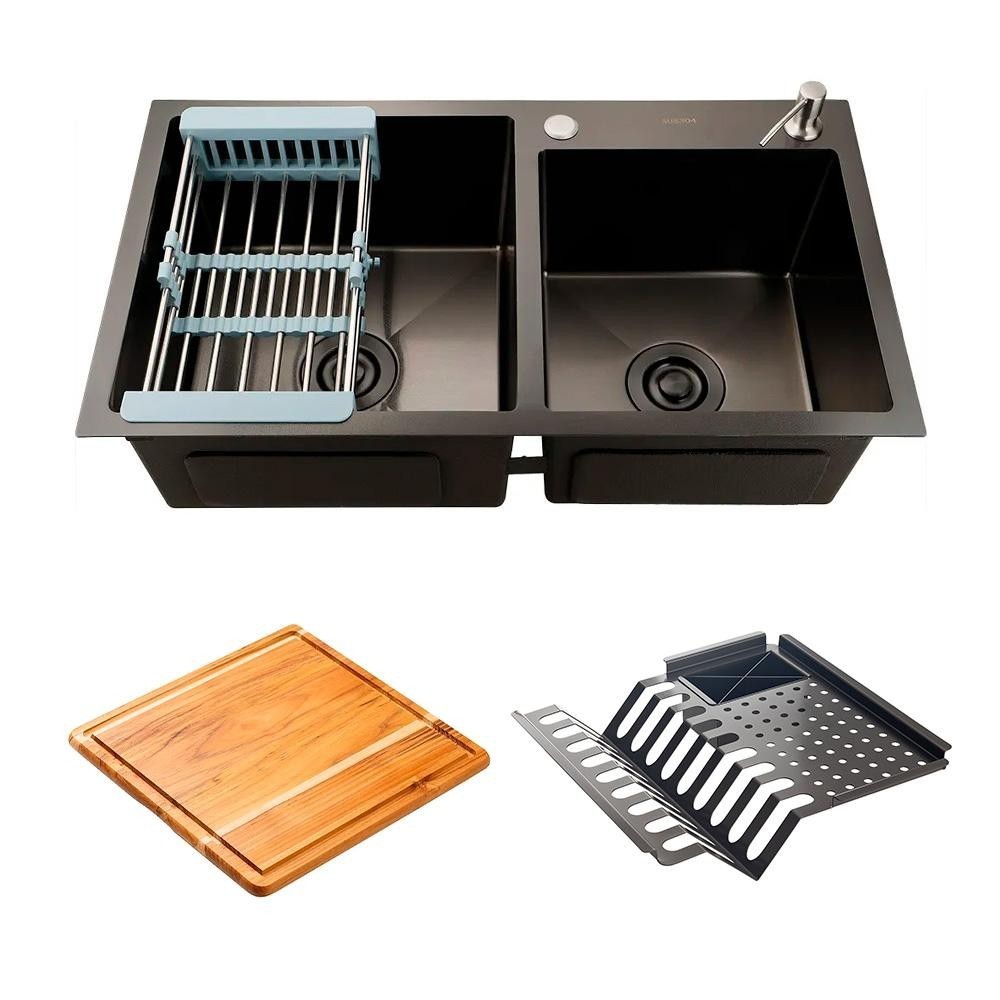 Cuba para Cozinha Gourmet com Escorredor e Tábua de Corte Awá Aço Inox 304 Pingoo - Preto