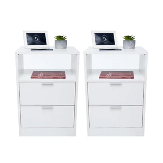 Kit 2 Mesas de Cabeceira Branco 2 Gavetas e 1 Nicho em MDF Estilo Cômoda Para Quarto Lateral Cama