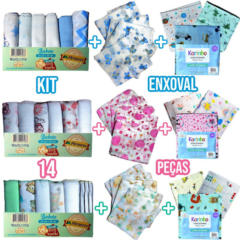 Kit Bebe Infantil 14 Peças 6 Paninho de Boca 5 Fralda de Pano 3 Cueiro Flanelado 100% Algodão Enxoval de Bebê