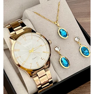 Conjunto feminino Relógio dourado aço inox + Colar e brinco dourado . .