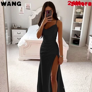 Vestido feminino longo e fino com top tubinho aberto de cor sólida