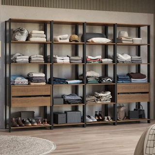 Guarda-Roupa Closet Modulado 4 Gavetas 18 Prateleiras 258cm Rustic/Preto Valencia Madesa em Oferta na Shopee