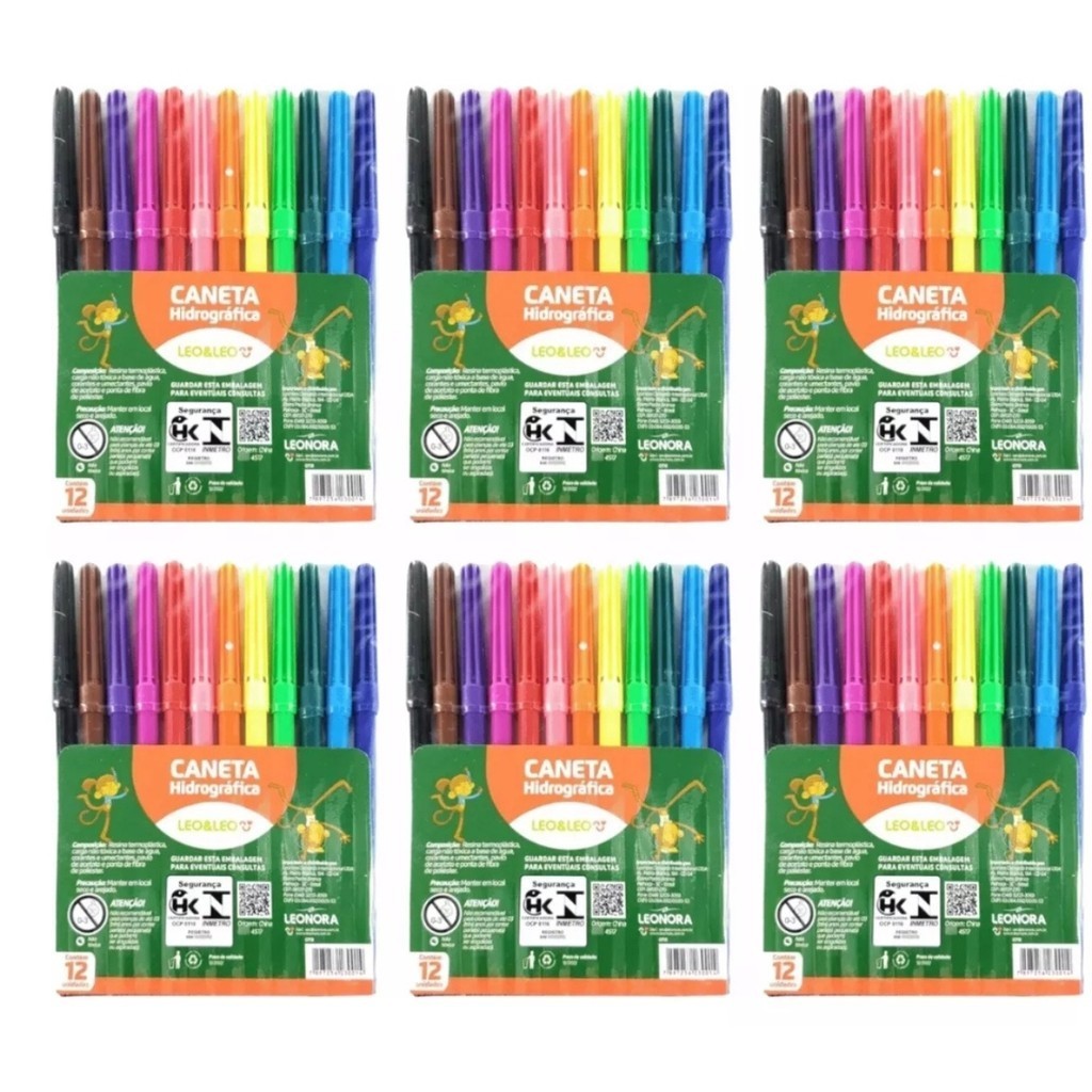  Kit 5 Canetinha Hidrográfica Fininha Colorida 12 Cores