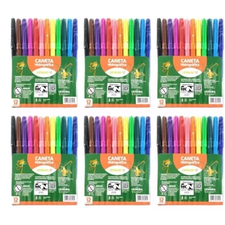  Kit 5 Canetinha Hidrográfica Fininha Colorida 12 Cores