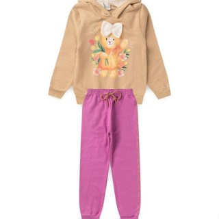 Conjunto Infantil Menina Moletom - Ursinho - Bege e Rosa
