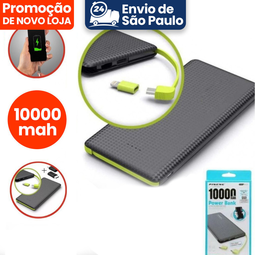 Carregador Portátil Pineng Power Bank 10.000mah com adaptador iPhone, V8