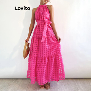Lovito Vestido Casual De Malha Lisa Com Cinto Contrastante Para Mulheres LNL35009 (Rosa Choque/Preto)