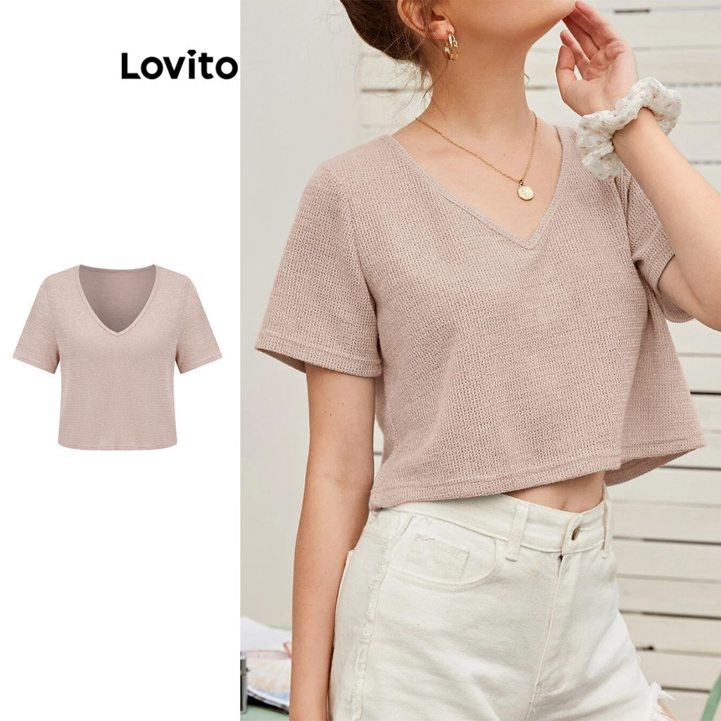 Lovito Casual Camiseta Básica Lisa para Mulheres L80ED013