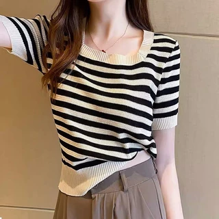 Camiseta Feminina Blusa Regata Camisole Colete Feminino Seda de malha de seda de manga curta listrada Sli de verão feminino