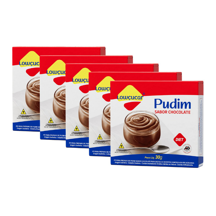 Pudim Chocolate Zero Açúcares Lowcucar contendo 5 unidades de 30g cada
