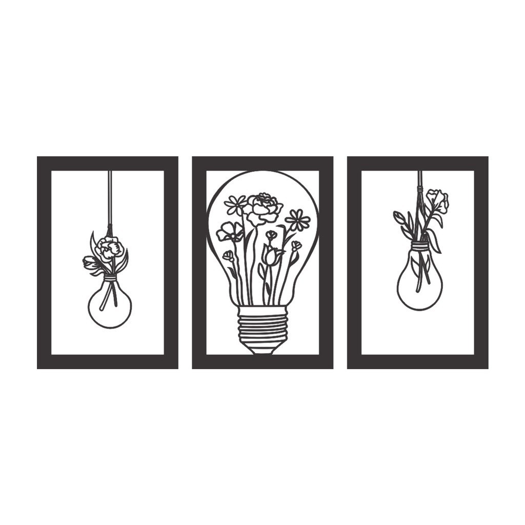 Quadro Decorativo Lâmpadas Florais MDF 3mm Preto Fosco